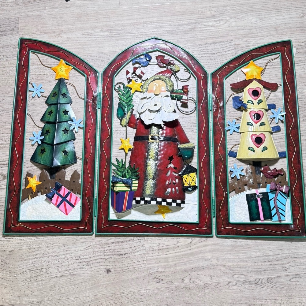VTG 3D Metal Santa Fireplace Guard Tri-fold Screen-less Festive Christmas Scene